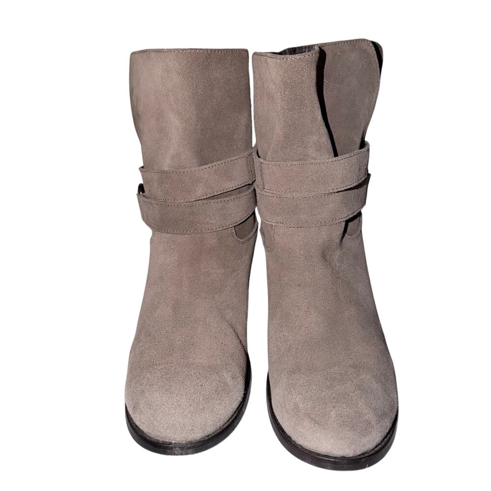 Garnet Hill Italian Suede Ankle Boots Sz 10 Wrap Buckle Heel Taupe western boho